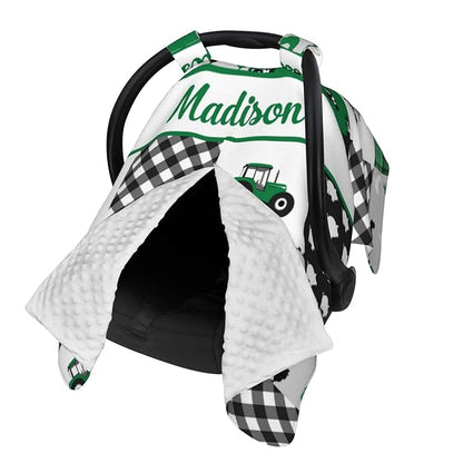Personalized Baby Car Seat Canopy for Babies with Name, Custom Farm Theme Green Car Seat Covers for Boys Girls, Opening Minky Nursing Breastfeeding Stroller Cover Carseat Canopies for Infant Newborn
