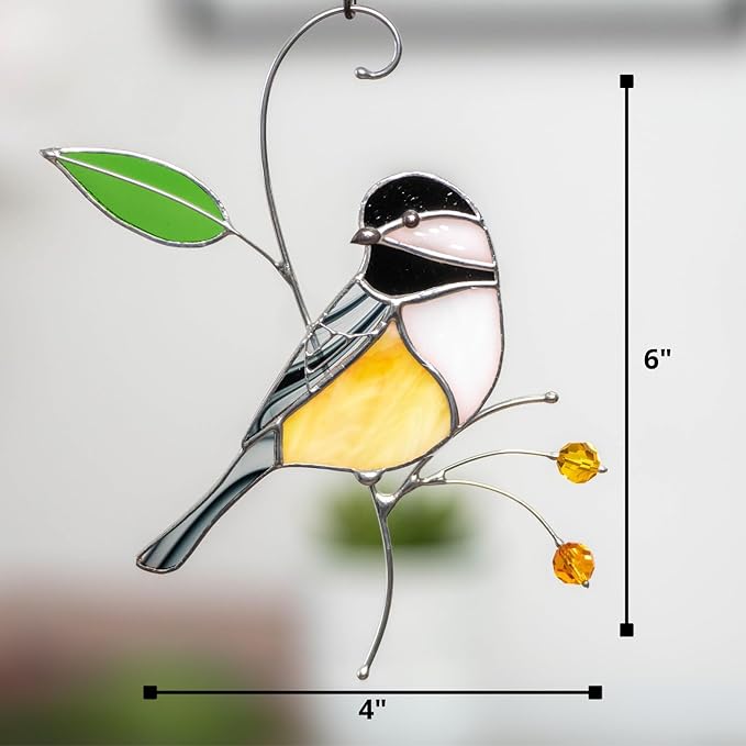 Gift Birds Handmade Chickadee Stained Glass Suncatchers Genuine Stained Glass Window Hanging Unique Indoor Ornament & Outdoor Decor (A Chickadee)
