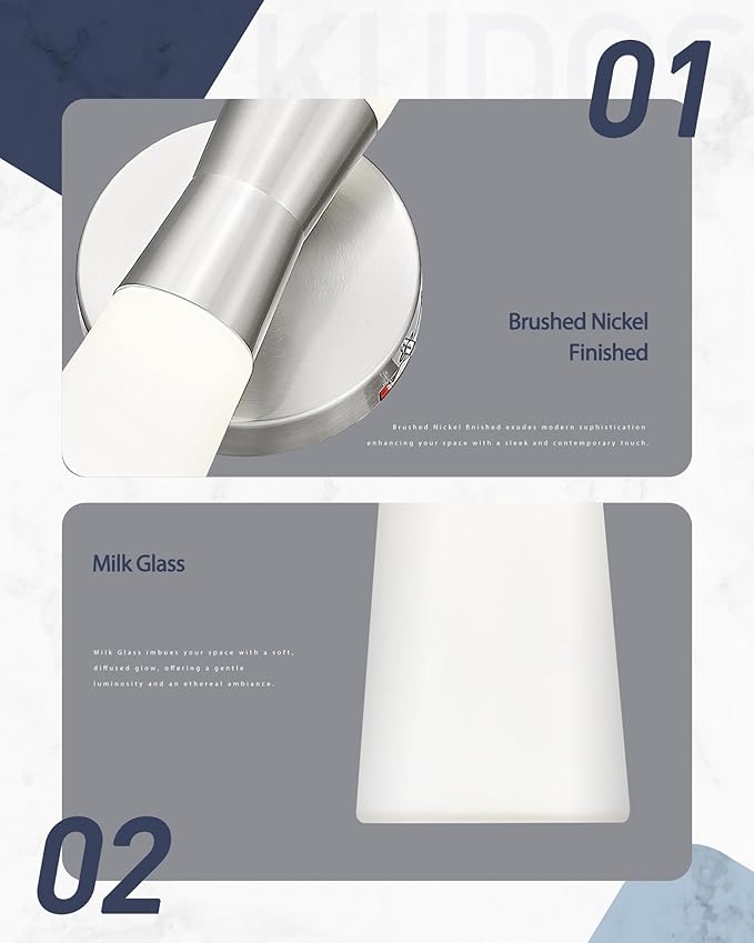 kudos Wall Sconces 16inches Brushed Nickel Vanity Light Fixtures, Modern Sconces Wall Lighting with Milk White Glass, Dimmerable 3000K/4000K/5000K for Bathroom Bedroom, KDVL13-BN