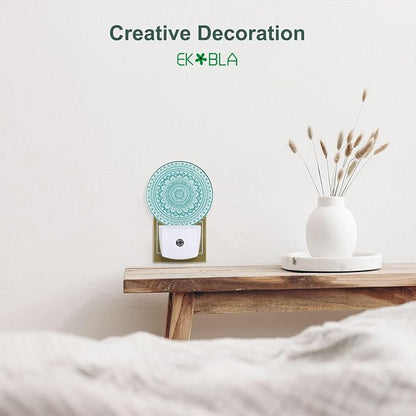 EKOBLA Mandala Plug-in Night Light, Teal Green Floral Mandala LED Nightlight with Dusk to Dawn Sensor for Kids, Adults & Grandparents