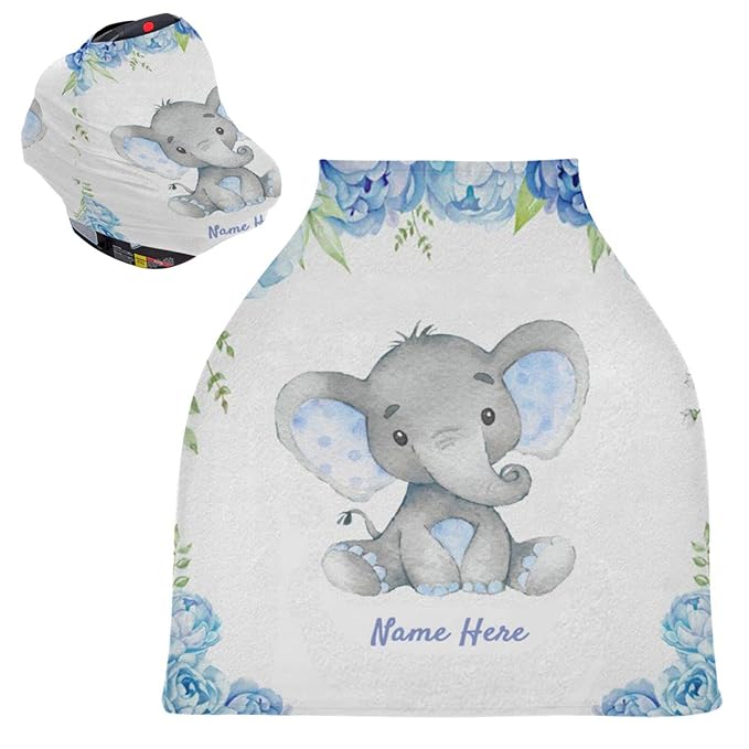 Personalized Baby Car Seat Cover with Name & Date, Custom Cute Elephant Baby Car Seats Canopy for Boys Girls, Nursing Breastfeeding Stroller Covers, Gift for Newborn Infant