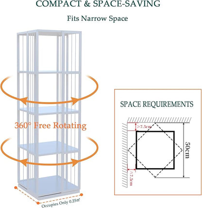 Square Rotating Bookshelf Tower - 360 Spinning Display Corner Bookcase for Narrow Space, Modern 4-Tier Revolving Storage Shelf, White