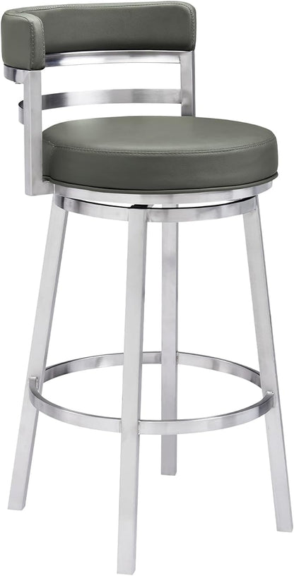 Armen Living Titana 30" Bar Height Swivel Grey Faux Leather and Brushed Stainless Steel Bar Stool