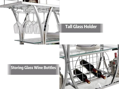 Silver Bar Carts with Glass Holders & Wine Rack,3 Tier Home Bar Serving Carts with Glass Shelves,Metal Rolling Bar Carts for The Home Kitchen, Party