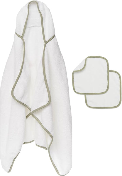 Lalo The Hooded Towel & Washcloth Set, 100% Organic Cotton, Soft on Sensitive Skin, Durable & Absorbent, Machine Washable, Includes One Baby Towel and Two Washcloths - Sage