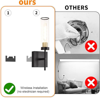 Battery Operated Wall Sconce, Black and Gold Battery Wall Sconce, Modern usb rechargeable Wall Light set of 2, Wireless Dimmable Wall Light Fixture with Remote Control, Wall Lamp with LED Bulbs(DC 5V)