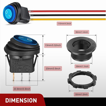 Nilight 5PCS Waterproof Round Rocker Switch w/Wiring Harness Switches Holder 12V 24V Blue LED Lighted On Off Toggle Shell SPST 3Pin for Switch Panel Car RV Trucks Marine Boats
