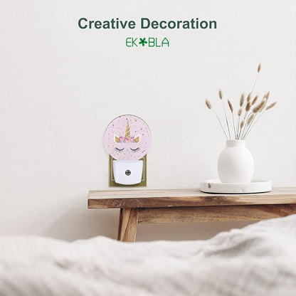 EKOBLA Unicorn Plug-in Night Light, Pink & Gold Polka Dot LED Nightlight with Dusk to Dawn Sensor for Teen Girls Gift