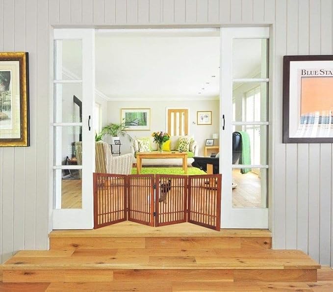Pet Dog Gate Strong and Durable Freestanding Folding Acacia Hardwood Portable Wooden Fence Indoors or Outdoors by Urnporium (Brown Pet Gate, 4 Panel 24" Tall)