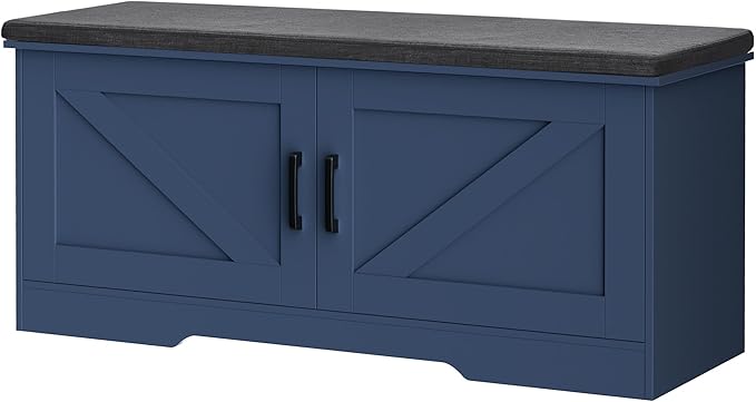 2-Tier Storage Bench, Shoe Bench with Padded Seat Cushion, Entryway Bench with 2 Barn Doors, Adjustable Shelf, 13.8" D x 39.4" W x 17.7" H, for Entryway, Living Room, Bedroom, Blue