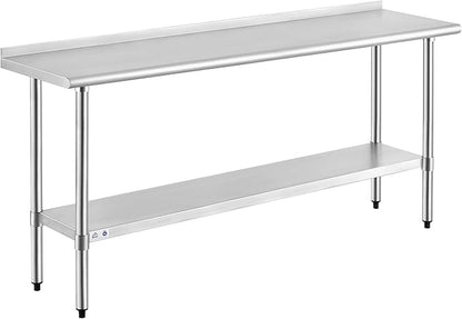 ROCKPOINT Stainless Steel Table for Prep & Work with Backsplash 18x72 Inches, NSF Metal Commercial Kitchen Heavy Duty Table with Adjustable Under Shelf and Table Foot for Restaurant, Home and Hotel