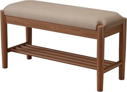 Shoe Bench Entryway with Cushion, Solid Wood Bench with Shoe Storage, 2-Tier Shoe Rack Bench for Entryway,Hallway (Gray)