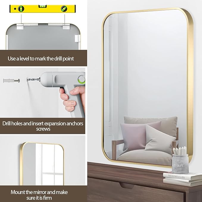 Gold Bathroom Mirror, 24x32 Inch Brushed Gold Mirror, Aluminum Alloy Framed Rectangle Bathroom Mirror for Over Sink, Anti-Rust Wall Mirror (Horizontally or Vertically)