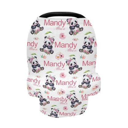 Personalized Baby Car Seat Cover for Girls, Custom Nursing Covers for Breastfeeding with Name, Panda Bear Floral Infant Stroller Cover, Baby Carseat Canopy for Newborn, Multiuse Car Seat Canopies