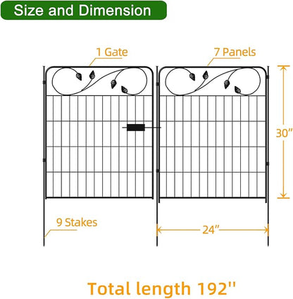 Decorative Metal Garden Fence 30in(H) X16ft(L) 1 gate+7 Panels Temporary Dog Fence Border for Landscape Patio Outdoor with gate, No dig Garden Fencing Gates for Yard