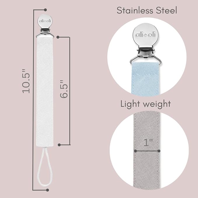 Ali+Oli Linen Strap Pacifier Clip (Sky) Set of 3 (10" x 1") Baby Pacifier Holder for Newborn Pacifiers & Teethers, Binky Clips, Silicone-Free Pacifier Clips