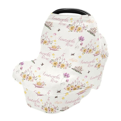 Personalized Baby Car Seat Cover for Girls, Custom Nursing Covers for Breastfeeding with Name, Princess Floral Infant Stroller Cover, Baby Carseat Canopy for Newborn, Multiuse Car Seat Canopies