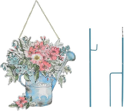All Chic Garden Decor for Outside, 29” Decorative Garden Stakes Metal Embossed Watering Can with Flowers for Spring Decor, Yard Art Stakes for Outdoor Lawn Backyard Porch Pathway Decorations