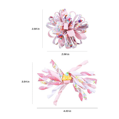 4pcs Happy Birthday Korker Hair Bow Clips for Baby Toddler Girls Ages 1-6, Pink Confetti Sprinkle Curly Ribbon Hairpins Alligator Barrettes,Kids Ice Cream Party Dress Accessory Gift