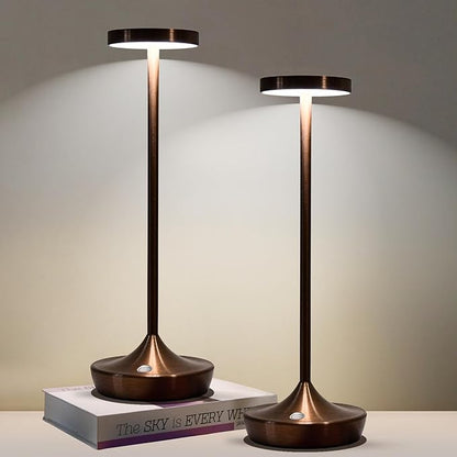 Brown Cordless Table Lamp, Rechargeable 6000mAh Battery Powered LED Desk Lamp, Portable Metal Touch Lamp with 3-Level Dimming, Waterproof for Restaurant, Dining, Patio, Home Decor (2 Brown)