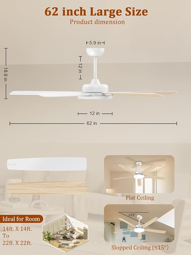 TALOYA Large Ceiling Fans with Lights and Remote, Reversible Quiet DC Motor, 6 Speeds, 3CCT, Dimmable, 62 inch White Modern Ceiling Fan for Patios, Living room, Bedroom, Farmhouse, Indoor, Outdoor