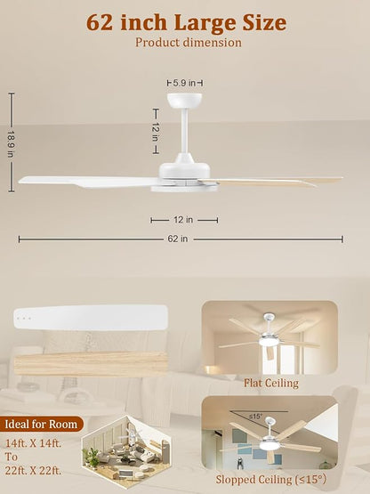 TALOYA Large Ceiling Fans with Lights and Remote, Reversible Quiet DC Motor, 6 Speeds, 3CCT, Dimmable, 62 inch White Modern Ceiling Fan for Patios, Living room, Bedroom, Farmhouse, Indoor, Outdoor
