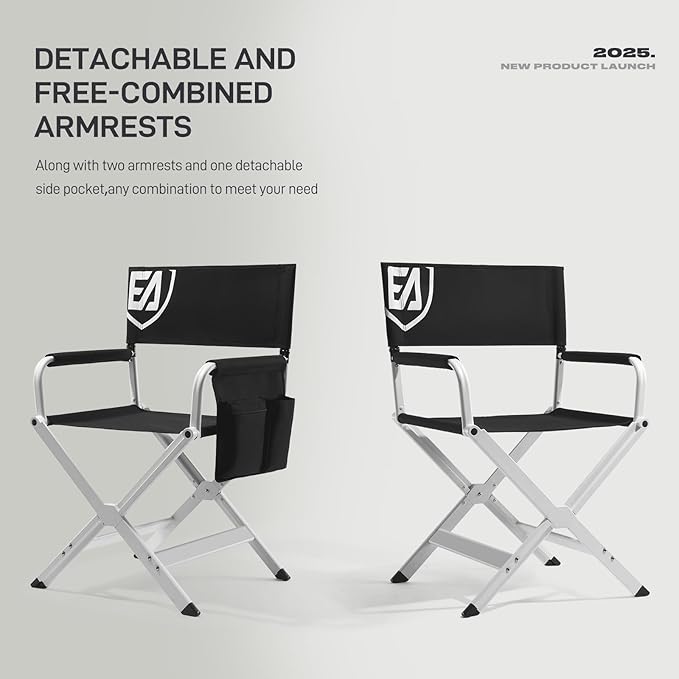 EVER ADVANCED Aluminum Directors Chair, Folding Studio Movie Chairs Camping Event Vendor Chair, 19" Seat Height Black Fabric/White Frame, Support 350lbs