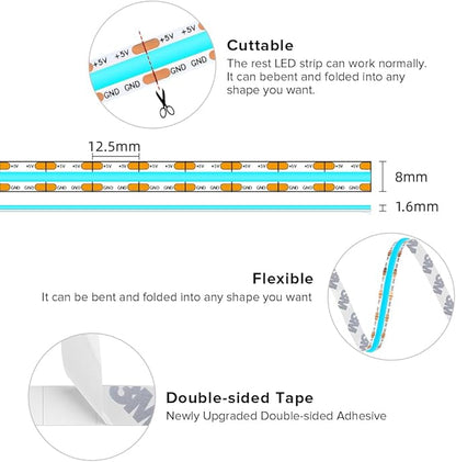 BTF-LIGHTING FCOB COB FOB LED Strip Lights 5V USB Powered 3.28FT 320LEDs Ice Blue 8mm Width Dimmable CRI 90+ with 3M Tape Flexible High Density for 3D Printer TV Backlight PC DIY Decor