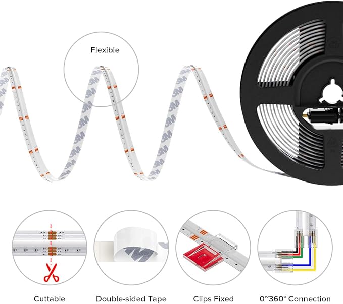 BTF-LIGHTING FCOB COB RGBCCT Color Changing LED Strip,UL Listed 960LED/m High Density 16.4FT RGB+Tunable White 3000K-6000K DC12V 12mm Width Flexible Light for Home Decor(No Adapter or Controller)