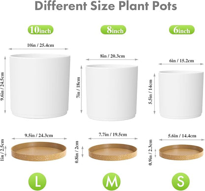 10/8/6 inch Deep Plant Pots, 3 Pack Cylindrical Large Flower Pots for Outdoor Indoor Plants, Tall Plastic Planters with Drainage Holes and Saucers for Garden House Plants, White with Brown