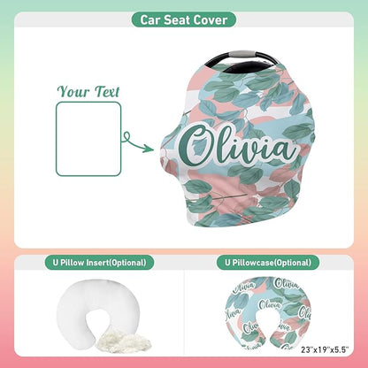 Personalised Car Seat Cover for Babies - Multi-use Carseat Canopy Cover with Name, Car Seat Covers, Christmas Birthday Gifts for Infant Boys and Girls Pink Leaf Print