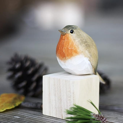 Handmade Wooden Carved Bird Decor Sculpted Hand-Painted Bird Figurines Small Home Decor Bird Statue Shelf Decor BFF Gifts for Bird Lovers (Robin)