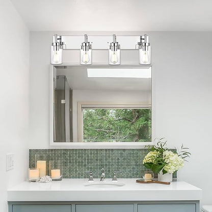 VINLUZ Modern Bathroom Lighting with Clear Glass Shade 4-Light Vanity Light Fixtures Chrome Finished Industrial Wall Light Sconces for Bedroom Hallway (Patent No.: US D958,438 S)