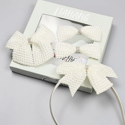 JIAHANG Baby Girls Pearl Beaded Hair Bow Headband and Clips Set, Rhinestone Hair Accessories Gift 4Pcs Set for Toddlers Teens School Girls (pearlseries)