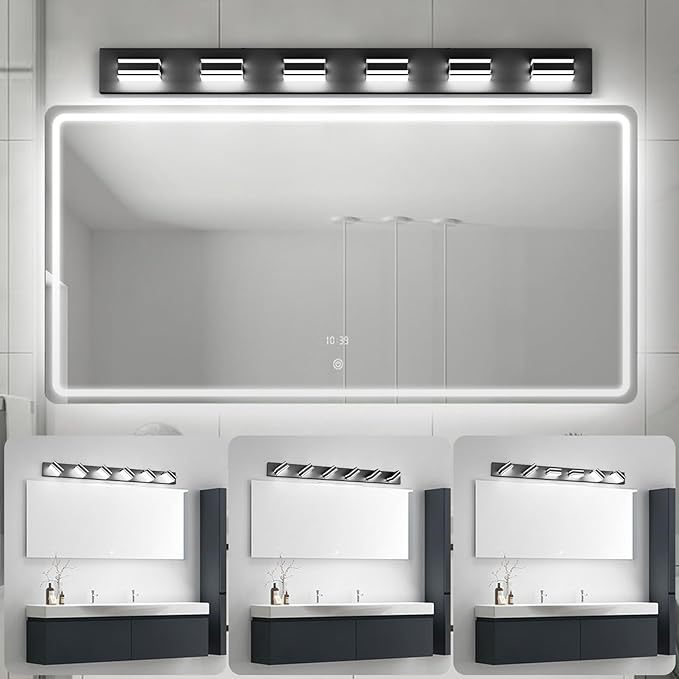 Ralbay 48inch Modern LED Vanity Light for Bathroom 6-Light Acrylic Modern LED Matte Black Bathroom Wall Vanity Lighting Fixtures Over Mirror