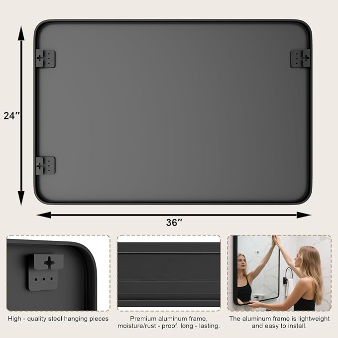 24"×36" Bathroom Mirror for Wall, Modern Bathroom Vanity Mirror, Black Bathroom Mirrors for Over Sink with Metal Framed HD Tempered Glass Hangs Horizontally or Vertically