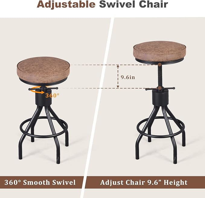 Set of 2-Vintage Bar Stool Swivel PU Leather Seat Kitchen Island Workbench Chair Height Adjustable 23-31 inch
