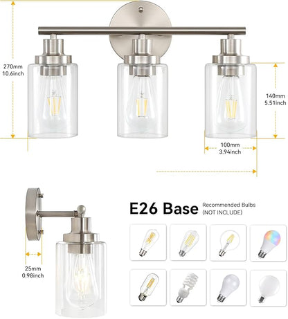 Vanity Wall Light Fixtures, Modern 3 Lights Wall Sconce with Clear Glass Shade, Brushed Nickel Farmhouse Wall Lamp for Bathroom Mirror Kitchen Porch Living Room Workshop (E26 Base)