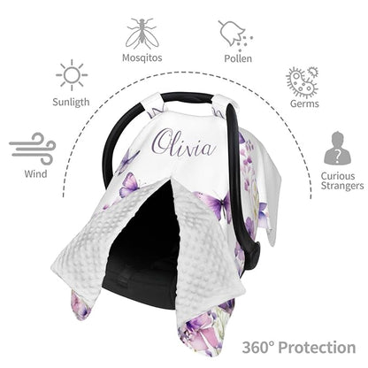 Personalized Baby Car Seat Canopy with Name – Custom Butterfly Purple Minky Nursing Cover for Girls, Soft Stroller Cover for Infants & Newborns, Carseat Canopy for Breastfeeding