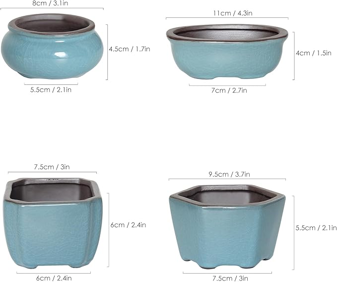 Bonsai Planter Mini Glazed Pots Succulent Value Set of 4, with 4 Soft Mesh Drainage Screens
