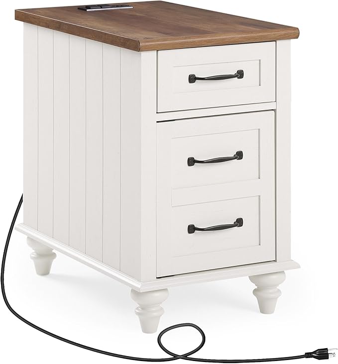 WAMPAT End Table with Charging Station, White Side Table with Storage Cabinet and Drawer, Wood Nightstand with Power Outlets & USB Ports for Bedroom, Living Room
