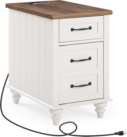 WAMPAT End Table with Charging Station, White Side Table with Storage Cabinet and Drawer, Wood Nightstand with Power Outlets & USB Ports for Bedroom, Living Room