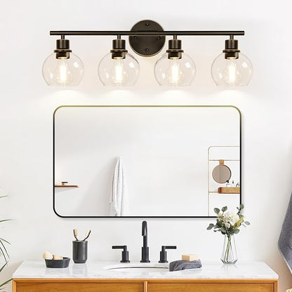 Indoi 4-Light Bathroom Light Fixtures, Oil Rubbed Bronze Bathroom Lights Over Mirror with Clear Glass Globe Shade, Vanity Lights for Bathroom Kitchen Living Room Hallway Cabinet Bedroom Porch