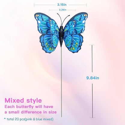 20PCS Butterfly Stakes,Plant Stakes,3D Colorful Double Wings with Bendable Stick,Ornaments Artificial Waterproof Butterfly Decorations,Garden Stake Decorations Butterflies for Flower Outdoor Indoor