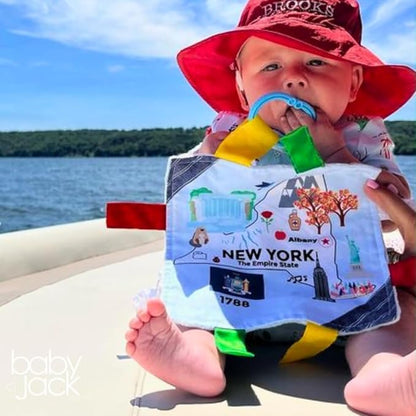 Baby Jack & Co 8x8” Learning Lovey New York State Tag Stroller Toy for Babies - Crinkle Toys for Developing Five Senses - Learn About Capitals - Travel with Baby Jack - BPA Free Clip