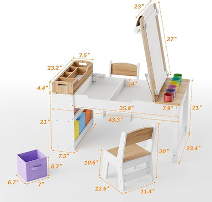 Kids Art Table and Chair - Toddler Craft Table and Chairs Set with 2 Chair & Bins, Kids Activity Desk with Paper Roll for Playrooms & Classroom, 44" L x 24" W, Natural