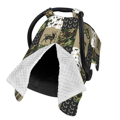 Personalized Woodland Moose and Bear Baby Car Seat Canopy for Babies with Name, Custom Car Seat Covers for Boys, Opening Minky Nursing Breastfeeding Cover Infant Car Seat Canopies for Newborn