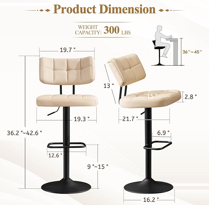 Furniliving Modern Bar Stools Set of 2 Faux Leather, Upholstered Swivel Barstools with Back, Adjustable Bar Chairs Counter Height for Kitchen Island, Dining Space, Beige