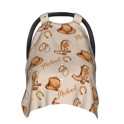 Personalized Cowboy Baby Car Seat Canopy for Babies with Name, Western Car Seat Covers for Boys Girls, Peekaboo Opening Minky Nursing Breastfeeding Cover Infant Stroller Canopies for Newborn