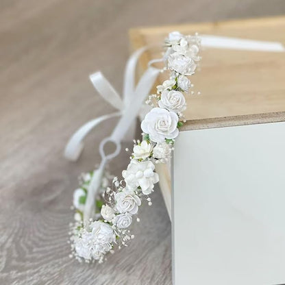 White Flower Girl Crown with Baby's Breath Headpiece Young Girl Communion Floral Hair Wreath Rustic Wedding Hair Accessories Headband for Child(43cm length)